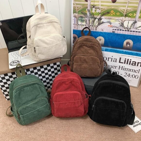 Mini Corduroy Backpack Purse for Women Small Casual Travel Organizer - Picture 9 of 10